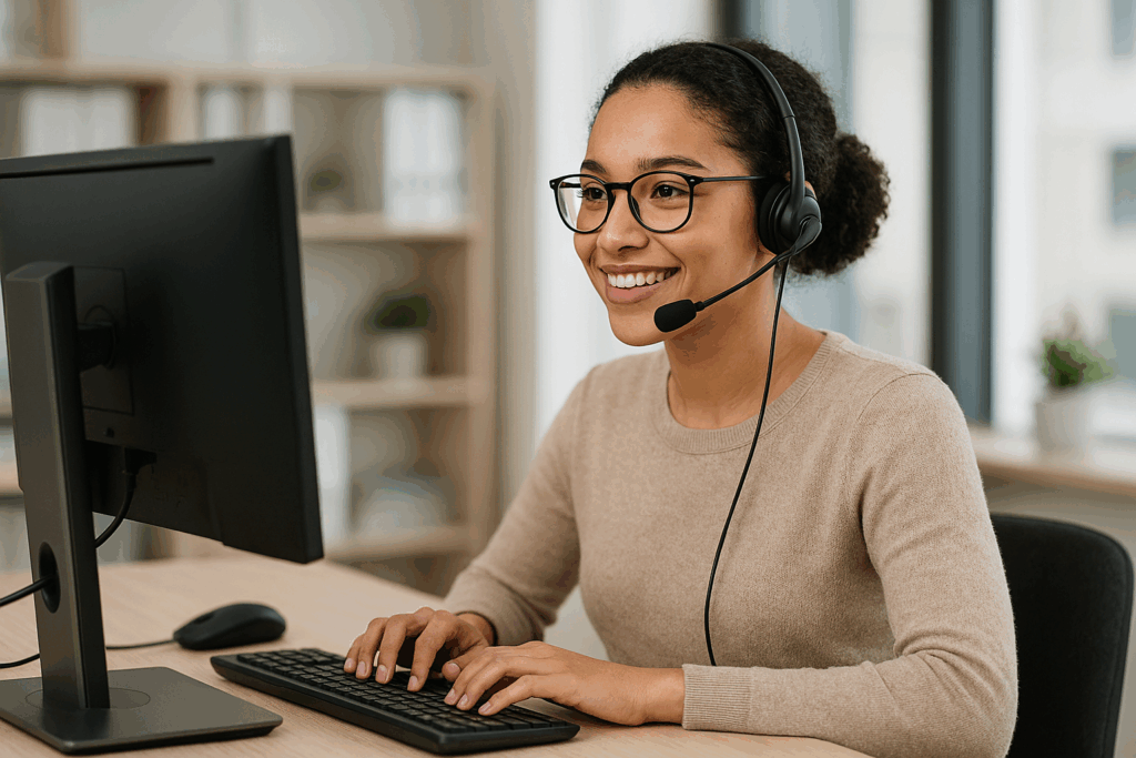 Junge Frau am Computer mit Headset