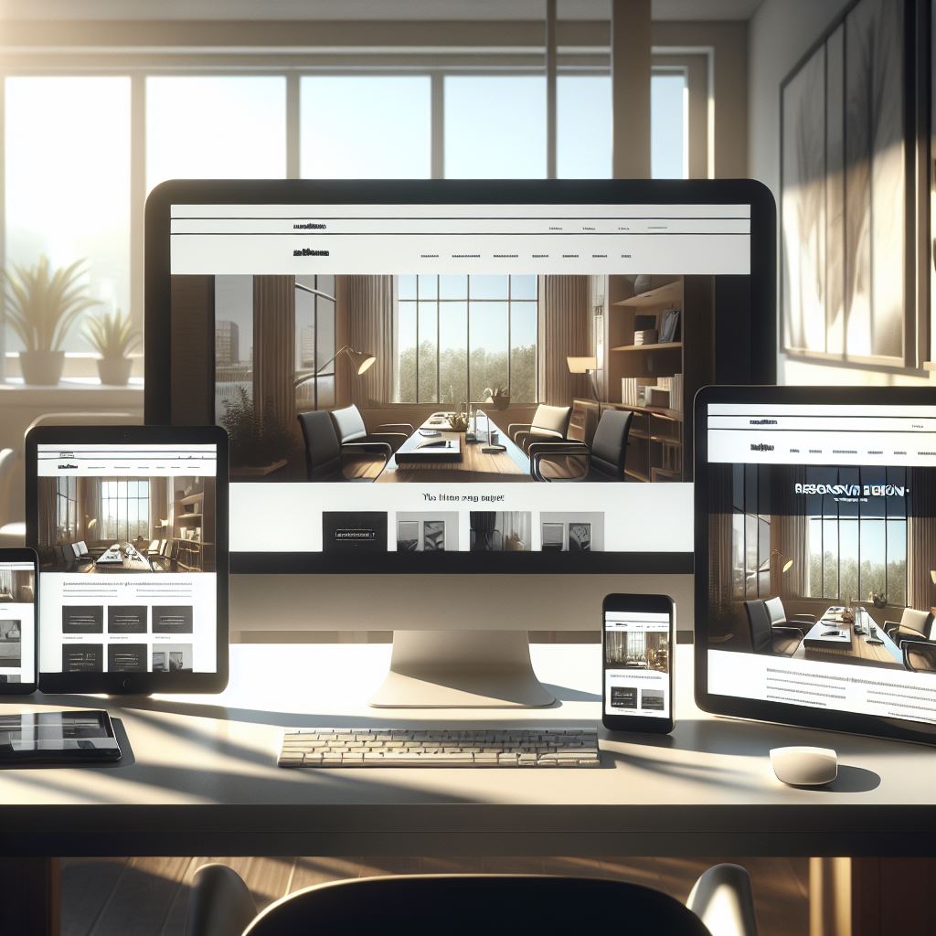 Fotorealistisches Bild zum Thema Responsive Design. Auf einem Schreibtisch stehen mehrere Geräte.