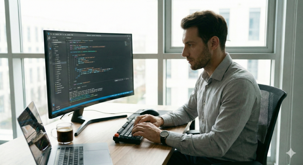 Ein Entwickler sitzt am Computer und schreibt eine Software